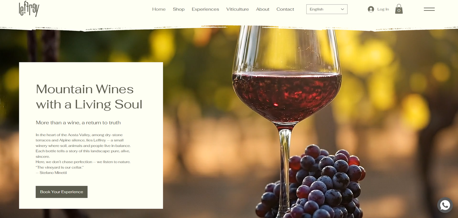 Leffrey organic wine and vineyard experiences website